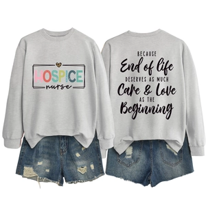 Front and back detail of grey long sleeve sweatshirt and distressed denim shorts