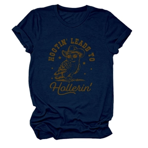 Close-up of navy blue cotton T-shirt featuring vintage hootin owl graphic print