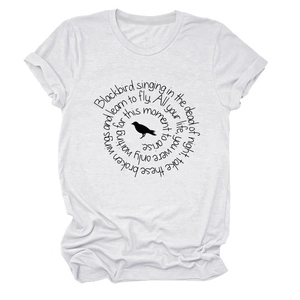 White cotton t-shirt with black circular bird song lyrics print and minimalist silhouette