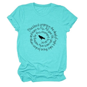 Detail of turquoise cotton t-shirt featuring black bird silhouette and lyric print