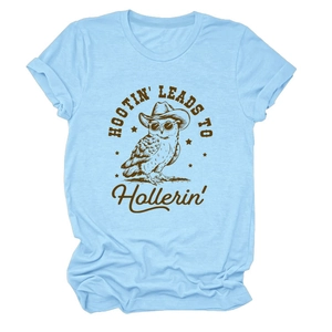 Close-up of owl print with cowboy hat and sunglasses on light blue cotton t-shirt