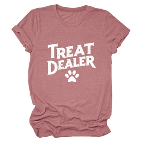 Detail of a casual crew neck short sleeve T-shirt featuring Treat Dealer paw print
