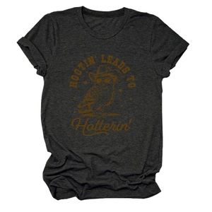 Detailed flat lay of charcoal grey cotton t-shirt with owl graphic and hootin text