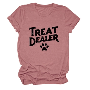 Detail of rolled cuffs and distressed Treat Dealer print on a mauve crewneck tee