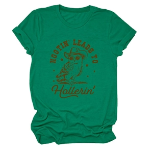 Detail of green short-sleeve T-shirt featuring owl graphic and Hootin' Leads To text