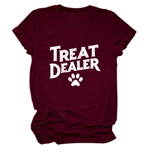Detailed view of burgundy crew neck t-shirt with Treat Dealer text and paw print print