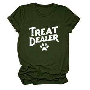 Detailed flat lay of an olive green cotton t-shirt featuring Treat Dealer text and paw print