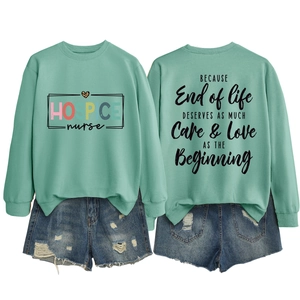Mint green hospice nurse sweatshirt with leopard heart print front and back view