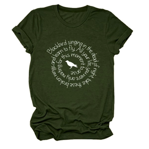 Detail of forest green crew neck t-shirt with white spiral bird and lyric print design