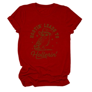 Detail of red crew neck cotton T-shirt featuring hootin owl graphic with vintage text