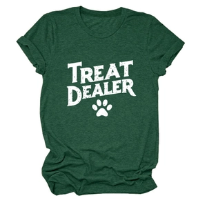 Detail of forest green crew neck t-shirt featuring Treat Dealer text and paw print