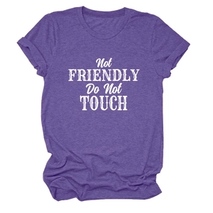 Detail of purple heather fabric and retro distressed slogan print on women's t-shirt