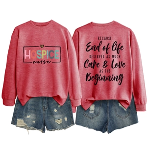 Front and back views of a red crewneck sweatshirt with 'HOSPICE nurse' leopard heart design