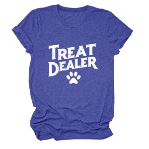 Detailed close-up of blue crewneck T-shirt with Treat Dealer text and paw print design