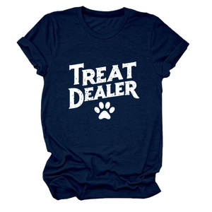 Detail of Treat Dealer text and dog paw print on navy blue round neck cotton T-shirt