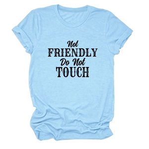 Detail of Not Friendly Do Not Touch slogan print on light blue cotton t-shirt