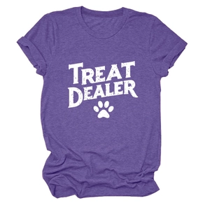 Detailed view of purple marl textured T-shirt with white Treat Dealer graphic and paw print