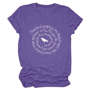 Close-up of purple marl cotton blend t-shirt with circular bird song lyrics print