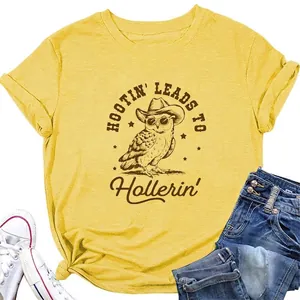 Women Cotton Blend T-Shirt Round Neck Short Sleeve Owl Graphic Cowboy Hat Sunglasses Letter Print Retro Casual Loose Top