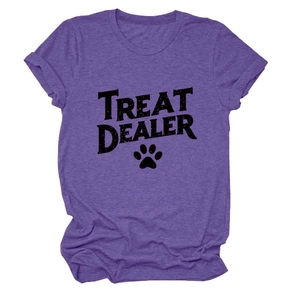 Detailed flat lay of purple heather knit t-shirt with black Treat Dealer graphic