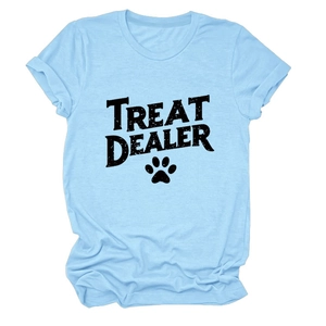 Close-up of the light blue crew neck t-shirt with Treat Dealer text and paw print