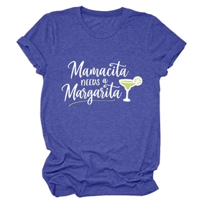 Détail de l'imprimé Mamacita Margarita sur le t-shirt bleu chiné à manches courtes et col rond