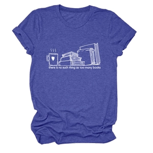 T-shirt d'été pour femmes bleu chiné à manches courtes avec motif 'Too many books'