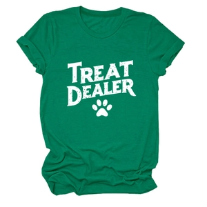 Detail of emerald green cotton T-shirt featuring white Treat Dealer text and paw print