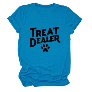 Detail of blue cotton t-shirt featuring Treat Dealer text and a black paw print graphic