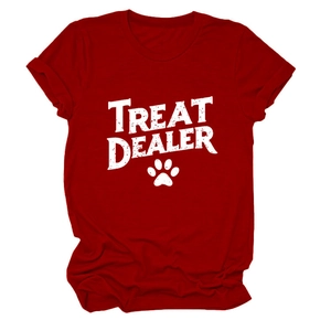 Detail of dark red crew neck t-shirt featuring Treat Dealer text and dog paw print