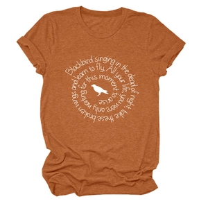Detail of burnt orange crew neck T-shirt with circular graphic print and bird silhouette