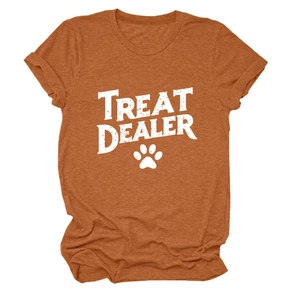 Detail of rust red t-shirt showing the vintage TREAT DEALER print and rolled sleeve cuffs