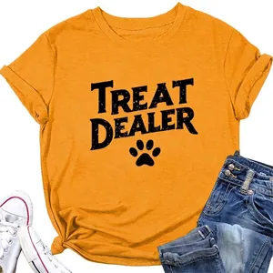 Women Cotton Blend T-Shirt Crew Neck Short Sleeve Treat Dealer Paw Print Graphic Tee Pet Lovers Casual Top