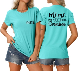 Detail view of teal Mimi slogan t-shirt with humor print on front and back sides