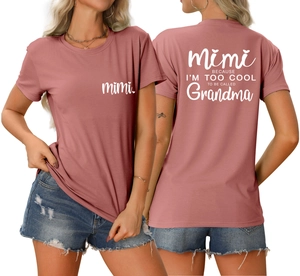 Detail of pink cotton T-shirt with Mimi print and humorous slogan on the back