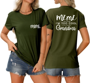 Detailed back view of army green T-shirt with white Mimi BECAUSE I'M TOO COOL letter print