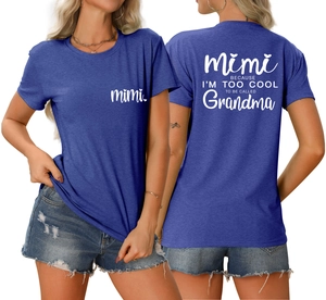 Detail showing white slogan print on navy blue short sleeve cotton t-shirt for women