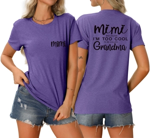 Detailed front and back view of purple cotton T-shirt with Mimi Too Cool slogan print