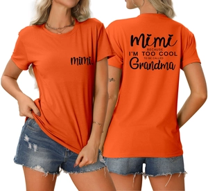 Close-up of Mimi because I'm too cool text print on orange cotton T-shirt for women