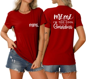 Front and back detail of red cotton T-shirt with white Mimi letters print