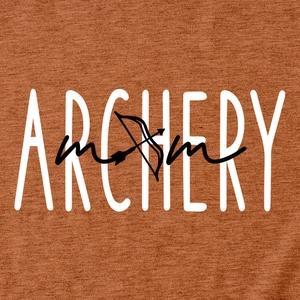 Detail of Archery Mom print on terracotta knit cotton fabric with sharp logo texture