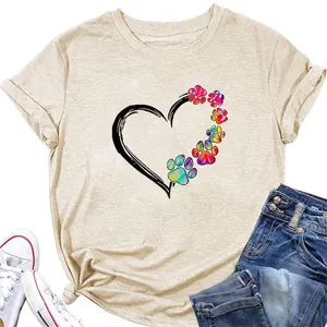 Maglietta Da Donna Misto Cotone Casual Vestibilità Comoda Girocollo Cuore Stampa Zampa Arcobaleno Top Estivo