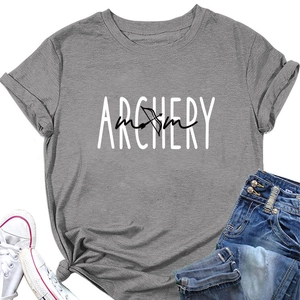 Flat lay of gray Archery Mom t-shirt with denim shorts and white canvas sneakers