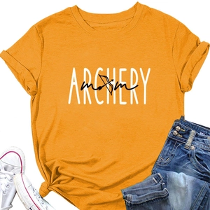 Flat lay of a mustard yellow Archery Mom T-shirt with casual summer outfit styling