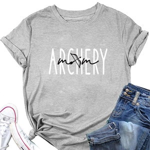 Detail of gray Archery Mom t-shirt with arrow graphic paired with blue denim jeans