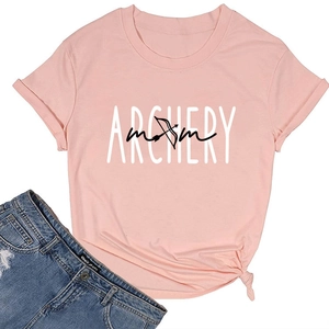 Detail of pink cotton t-shirt with Archery Mom graphic and soft fabric texture