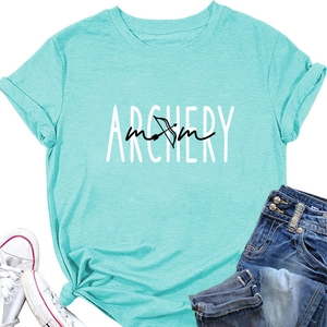 Detailed view of mint green Archery Mom T-shirt with bow icon and denim jeans