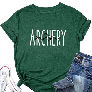 Flat lay of Archery Mom dark green t-shirt paired with sneakers and denim jeans