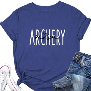 Detail of royal blue archery mom t-shirt paired with denim and white sneakers