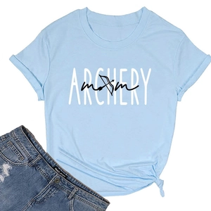 Detail of light blue archery mom T-shirt with bow icon and stylish side knot detail